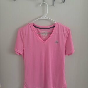 adidas Pink V-Neck Performance Tee with Gray Trim